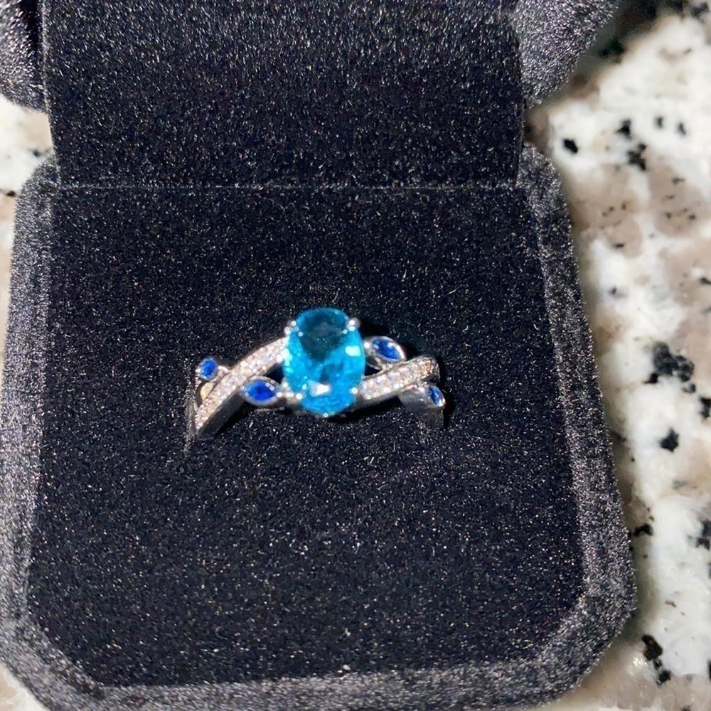 NWT Aquamarine and Sapphire 925 Silver Ring with Cubic Zirconia accent stones